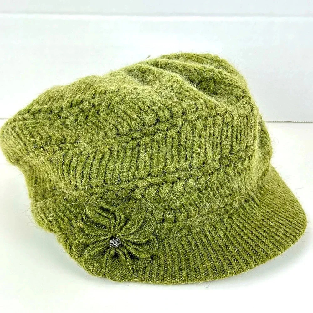 Womens Winter Visor Beanie Rabbit Fur Green with Flower detail on side